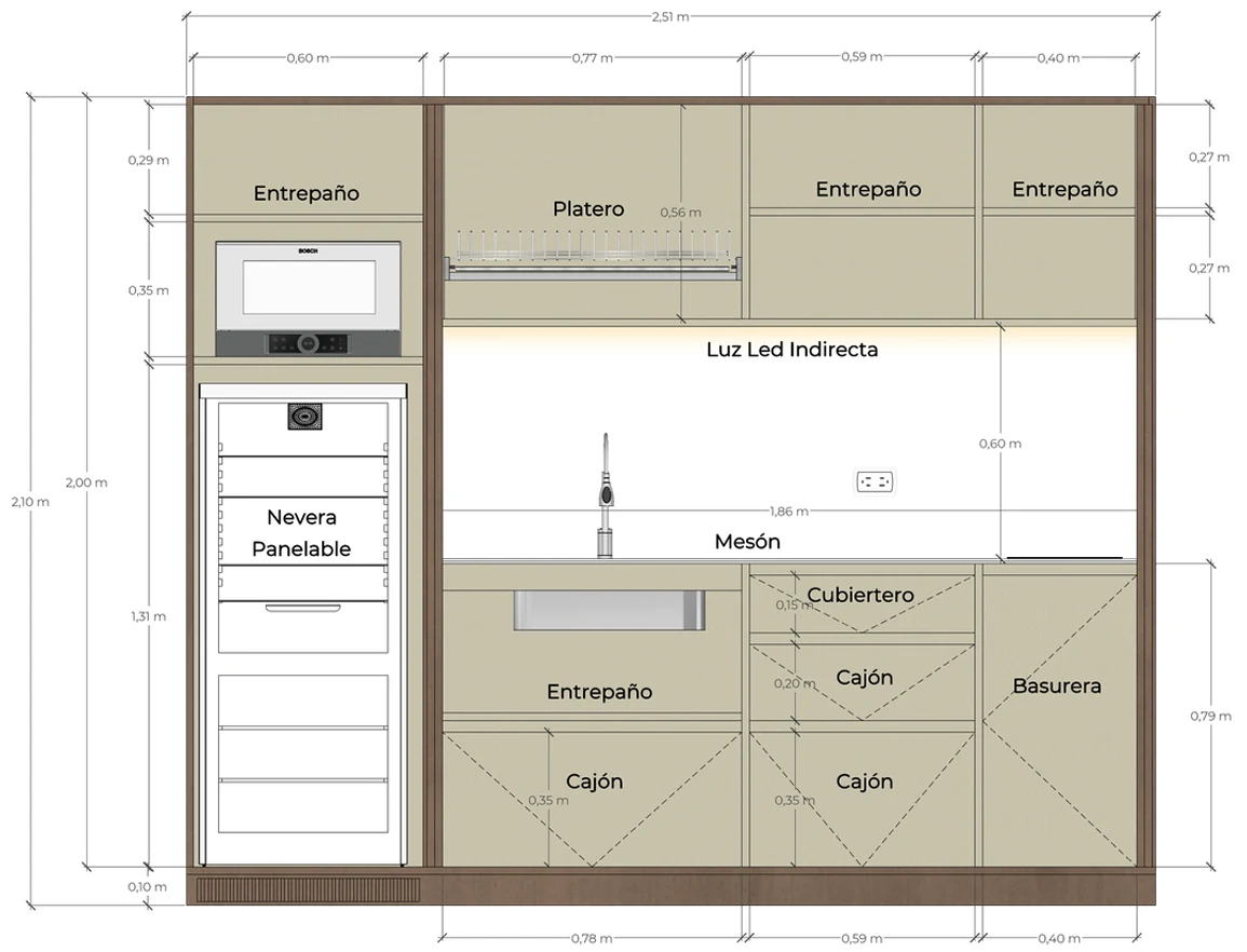 Plano de alzado frontal con cotas del mueble Cocina Integral Arena: nevera panelable, horno, platero, mesón, lavaplatos, cajones y basurera