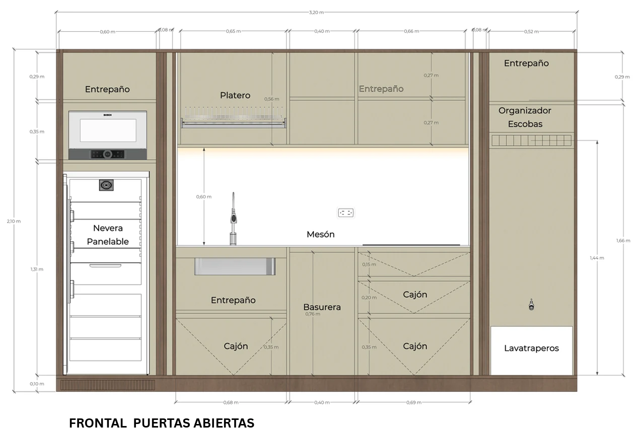Vista frontal con cotas de la Cocina Oculta Nogal con puertas abiertas: nevera, horno, platero, mesón, cajones y lavatraperos