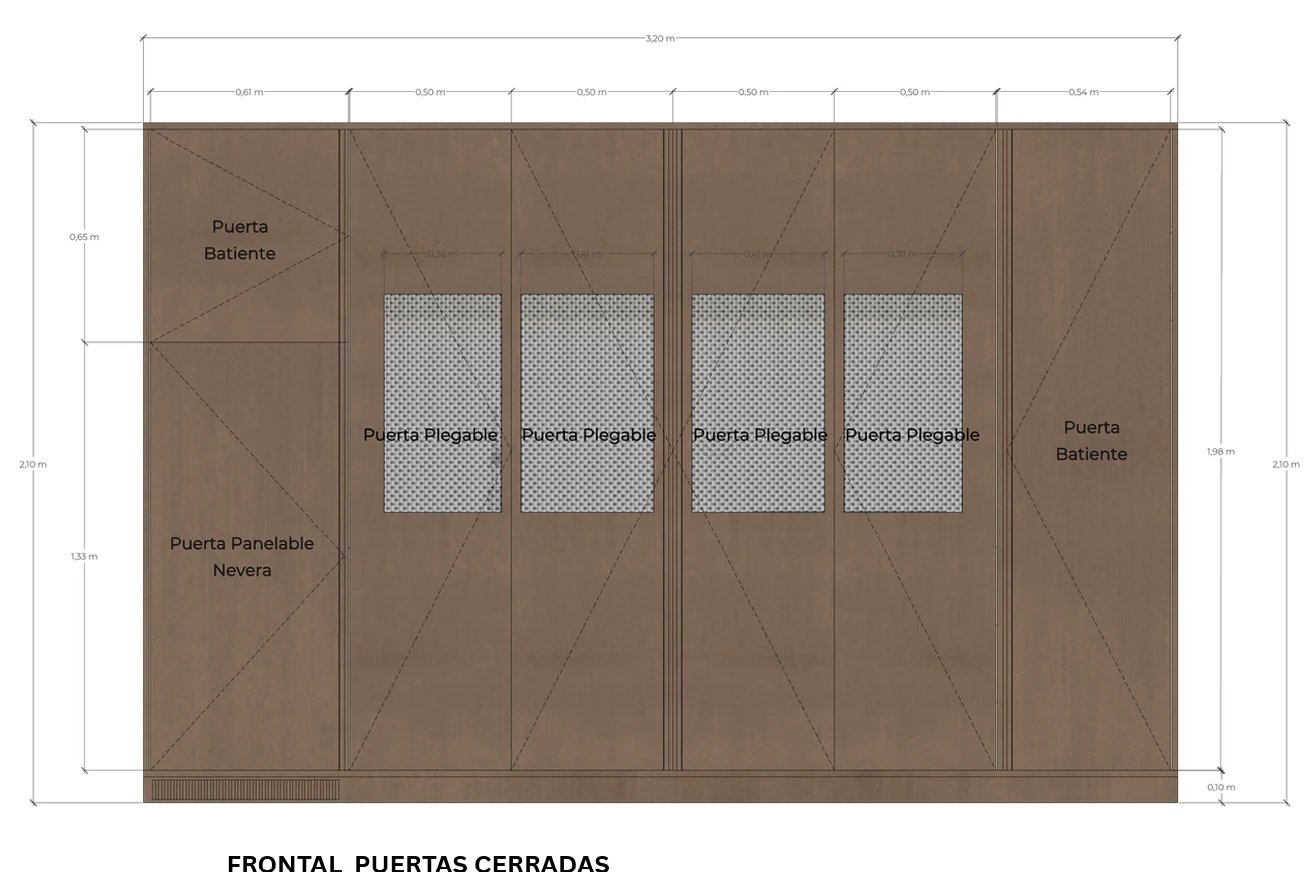 Vista frontal con cotas de la Cocina Oculta Nogal con puertas cerradas: puertas plegables, batientes y panelable de nevera
