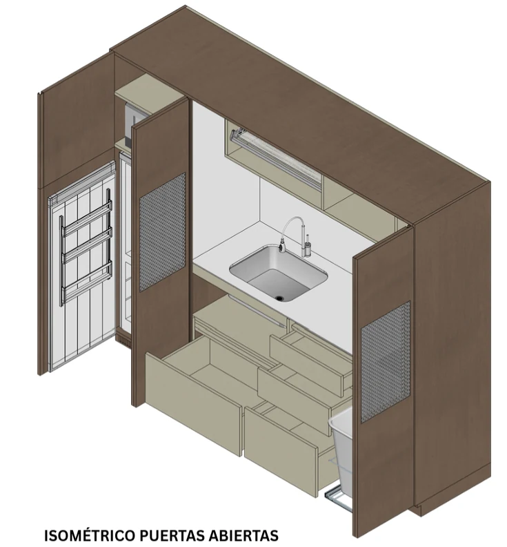 Vista isométrica de una cocina oculta con puertas abiertas y cajones extraídos