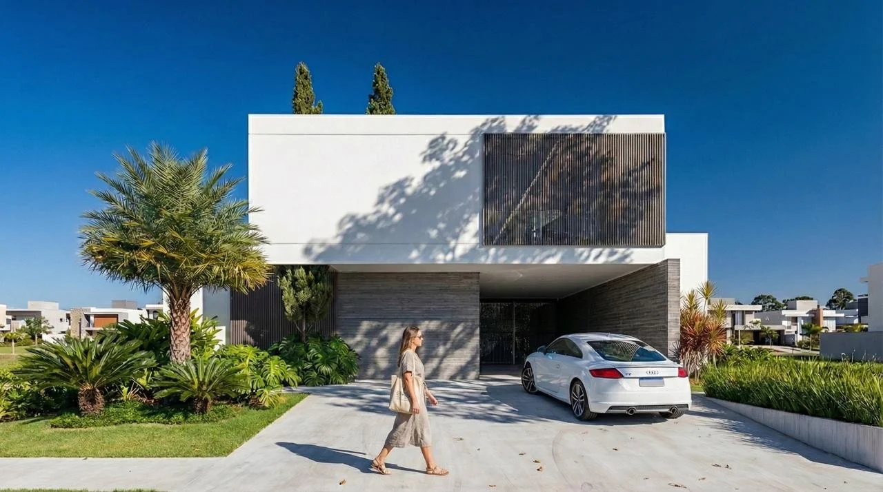 Render exterior de la Casa Horizonte: volumen blanco con celosía de madera, cochera cubierta y paisajismo tropical
