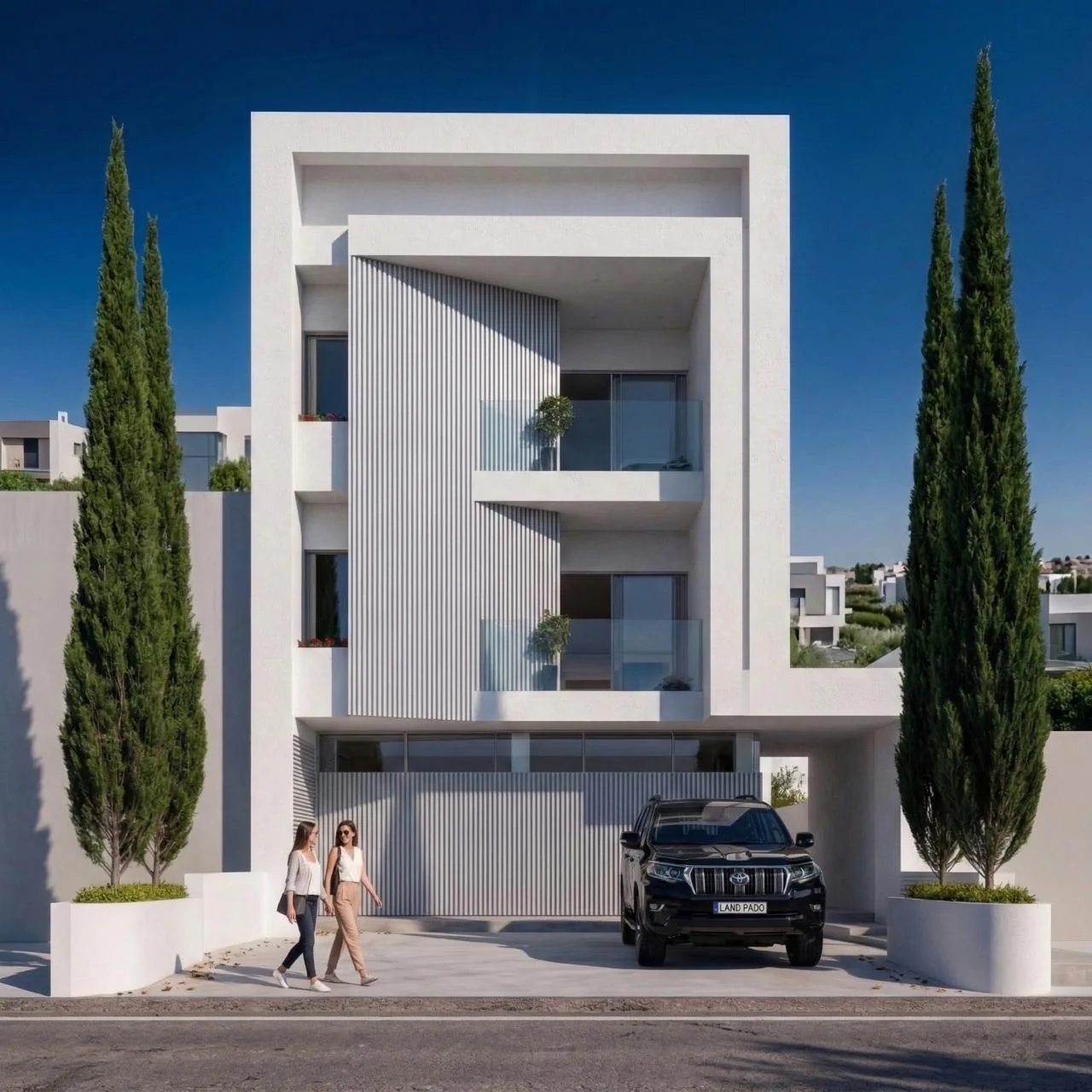 Render exterior de la Residencia Cipreses: fachada blanca de tres niveles con lamas verticales, balcones con baranda de vidrio y cipreses a la entrada