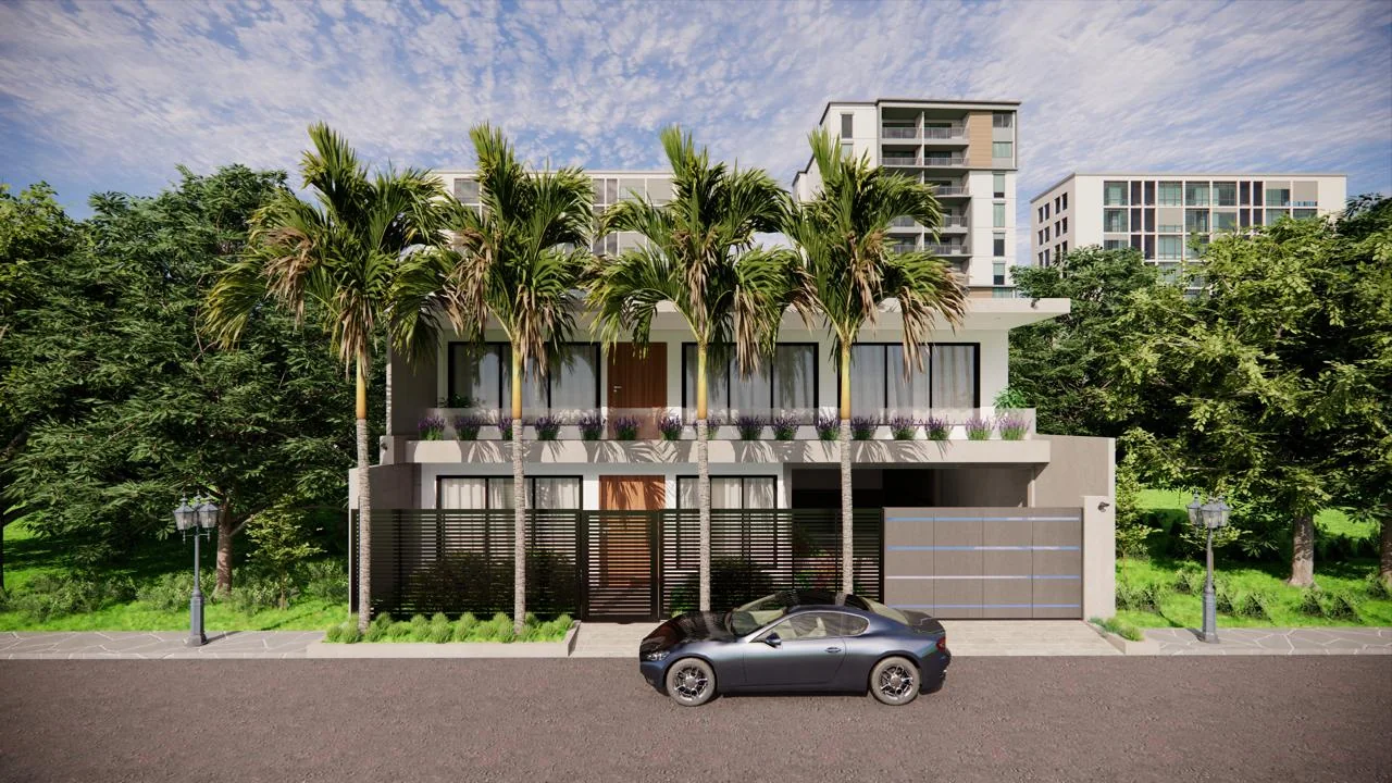 Render exterior de la Residencia Las Palmas: vivienda de dos niveles con palmas, cerramiento de lamas oscuras, puertas de madera y garaje